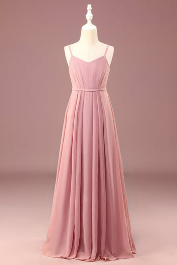 Dusty Rose A-line Spaghetti Straps Long Pleated Chiffon Junior Bridesmaid Dress